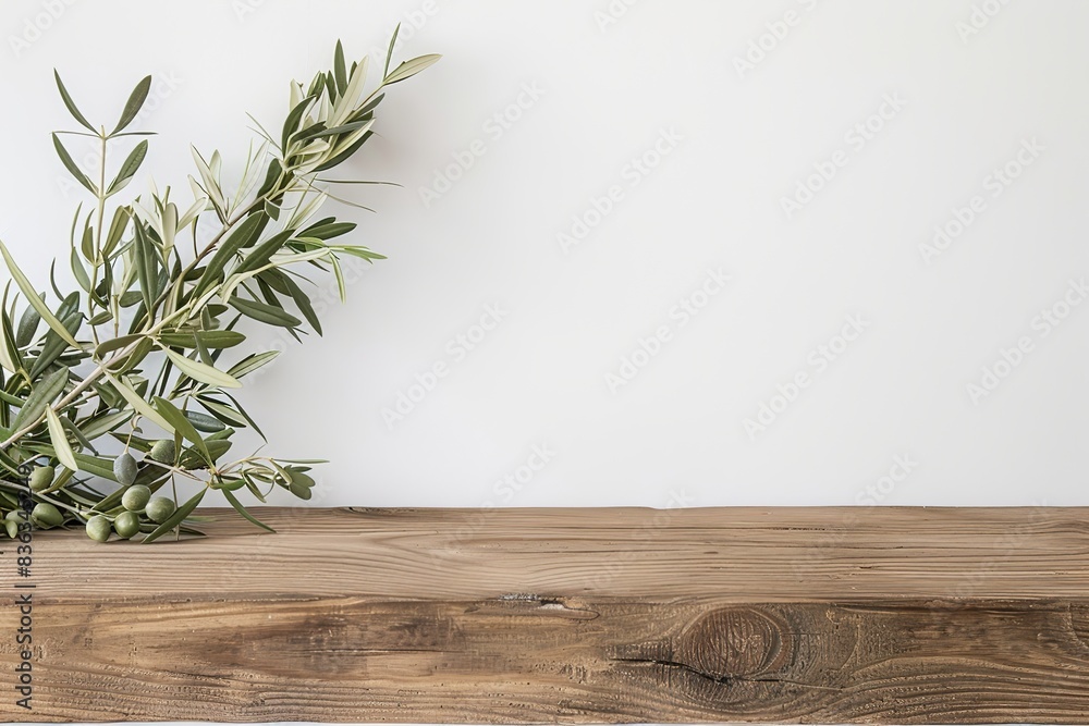 Empty wooden table top with an olive branch on a white background for product display, presentation or packaging design mockup. Mock up template Empty wooden table top with an olive branch on a white background for product display, presentation or packaging design mockup. Mock up template