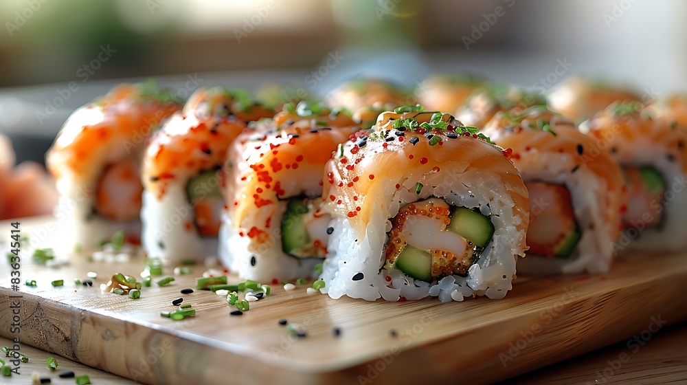 A variety of sushi rolls, including spicy tuna, cucumber, and crab, displayed on a traditional Japanese serving tray. A variety of sushi rolls, including spicy tuna, cucumber, and crab, displayed on a traditional Japanese serving tray.
