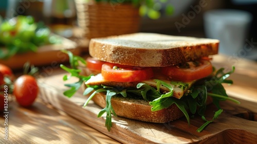 A small wooden cutting board holding a double layered bread sandwich photo