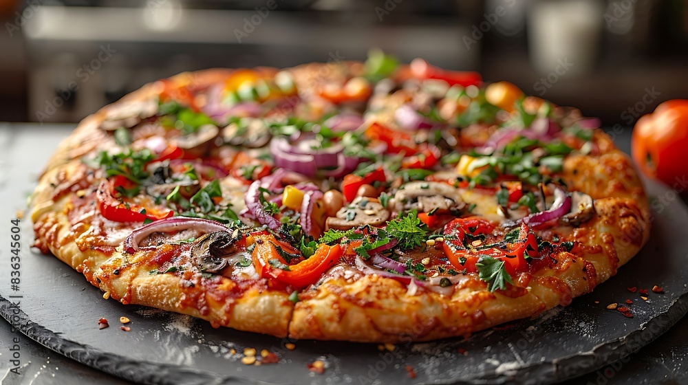 A vegetarian pizza with colorful toppings like bell peppers, mushrooms, onions, and olives, set on a slate serving board. A vegetarian pizza with colorful toppings like bell peppers, mushrooms, onions, and olives, set on a slate serving board.
