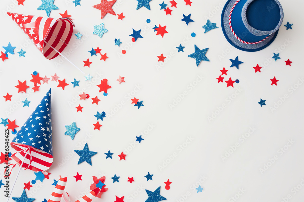 Obraz premium 4th of July American Independence Day decorations on white background. flat lay, holiday minimal concept.