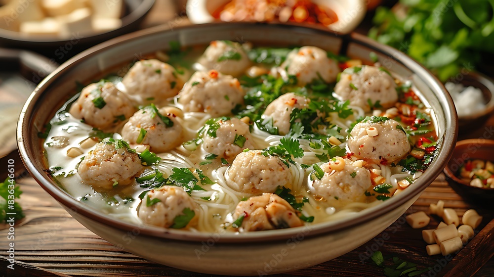 An artistic presentation of bakso, with meatballs, noodles, tofu, and vegetables in a flavorful broth, garnished with fresh herbs. An artistic presentation of bakso, with meatballs, noodles, tofu, and vegetables in a flavorful broth, garnished with fresh herbs.