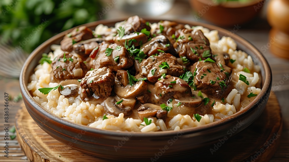 An artistic presentation of beef stroganoff, with tender beef, mushrooms, and onions in a rich sour cream sauce, served over a bed of rice. An artistic presentation of beef stroganoff, with tender beef, mushrooms, and onions in a rich sour cream sauce, served over a bed of rice.