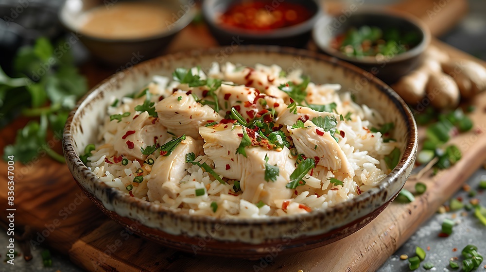 An artistic presentation of chicken rice, featuring tender poached chicken slices on fragrant oily rice, garnished with fresh cilantro. An artistic presentation of chicken rice, featuring tender poached chicken slices on fragrant oily rice, garnished with fresh cilantro.