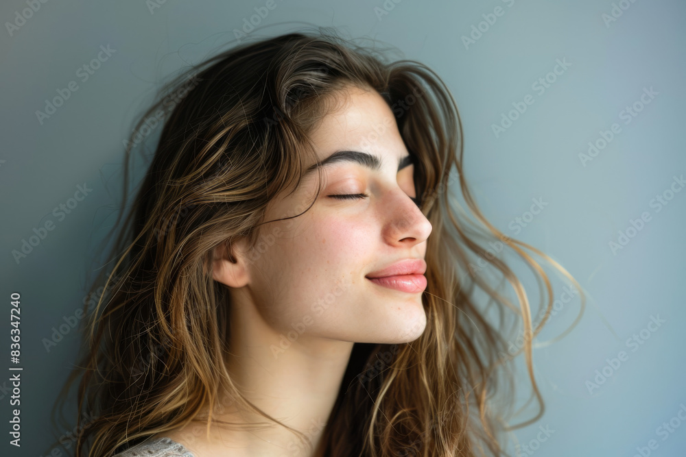 A close up of a woman's face with her eyes closed looking to a side A close up of a woman's face with her eyes closed looking to a side