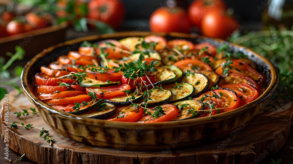 An artistic presentation of ratatouille, with thin slices of tomatoes, zucchini, eggplant, and bell peppers, arranged in a concentric pattern. An artistic presentation of ratatouille, with thin slices of tomatoes, zucchini, eggplant, and bell peppers, arranged in a concentric pattern.