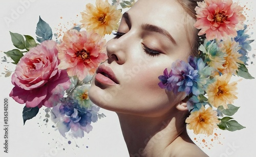 Woman face with summer and spring watercolor flowers, positive mental health, women's day and self love concept. A woman with flowery headdress 