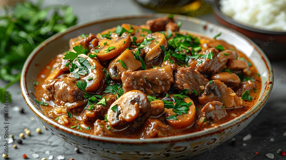 An elegant serving of beef stroganoff, featuring sautéed beef strips in a creamy mushroom sauce, accompanied by steamed rice. An elegant serving of beef stroganoff, featuring sautéed beef strips in a creamy mushroom sauce, accompanied by steamed rice.
