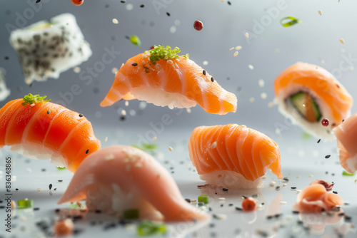Delicious fresh salmon nigiri and sushi rolls floating on light background. Aesthetic food concept.