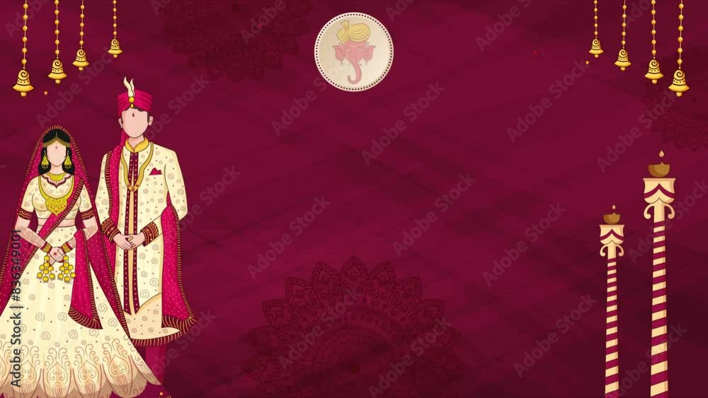 Beautiful Indian Wedding Invitation Card Template Animated Background with Bride and Groom faceless charaters. Beautiful Indian Wedding Invitation Card Template Animated Background with Bride and Groom faceless charaters.