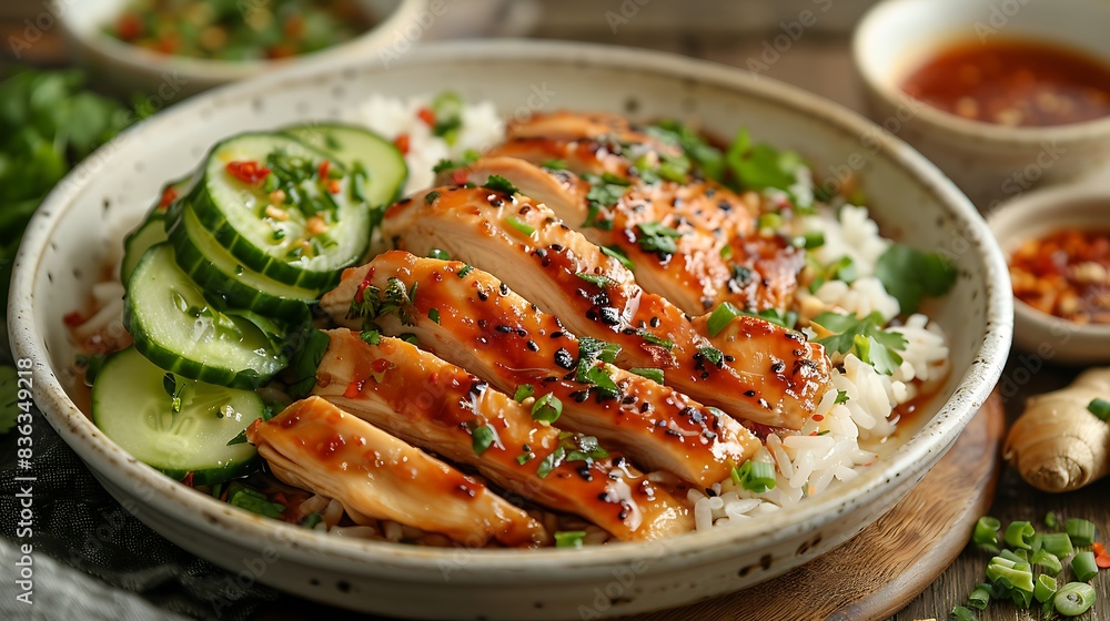 An overhead shot of a classic chicken rice meal, with tender poached chicken slices served on a bed of fragrant rice, garnished with cucumber slices and cilantro. An overhead shot of a classic chicken rice meal, with tender poached chicken slices served on a bed of fragrant rice, garnished with cucumber slices and cilantro.