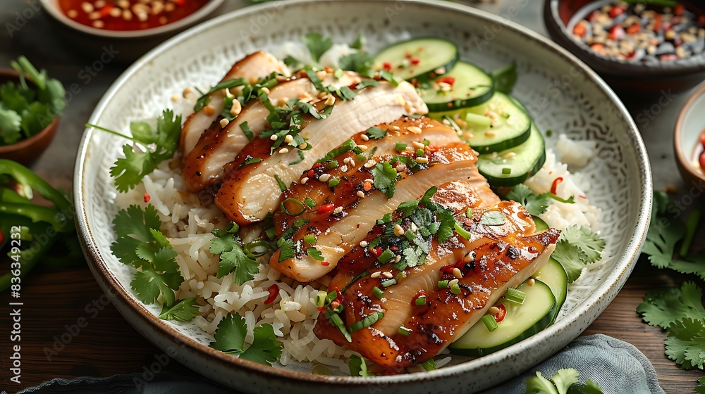 An overhead shot of a classic chicken rice meal, with tender poached chicken slices served on a bed of fragrant rice, garnished with cucumber slices and cilantro. An overhead shot of a classic chicken rice meal, with tender poached chicken slices served on a bed of fragrant rice, garnished with cucumber slices and cilantro.