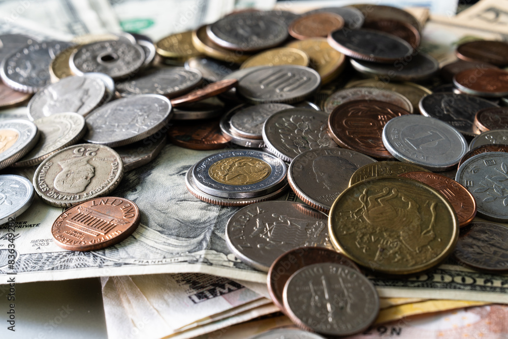 View of the various coins on the various banknotes View of the various coins on the various banknotes