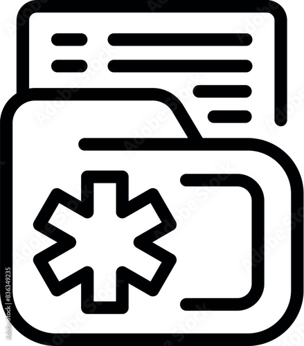 Black and white vector illustration of medical folder icon for healthcare documentation and records management with digital data storage system
