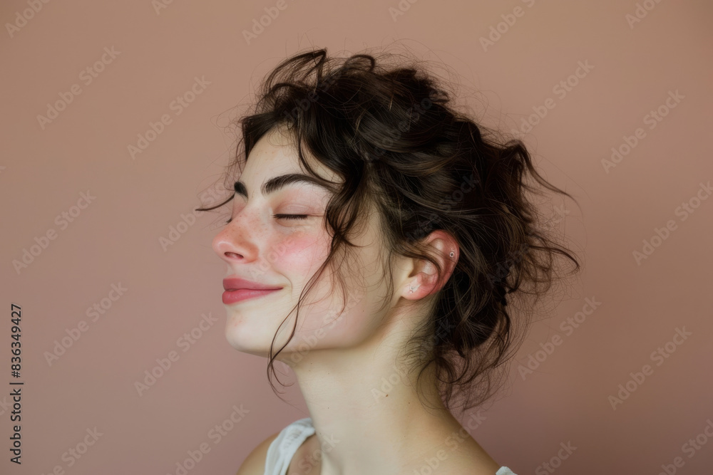 A close up of a woman's face with her eyes closed looking to a side A close up of a woman's face with her eyes closed looking to a side