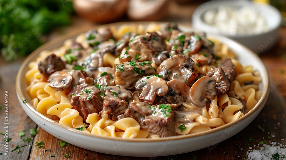 An overhead shot of a hearty plate of beef stroganoff, with tender beef strips, mushrooms, and onions in a creamy sauce, served over buttered egg noodles. An overhead shot of a hearty plate of beef stroganoff, with tender beef strips, mushrooms, and onions in a creamy sauce, served over buttered egg noodles.