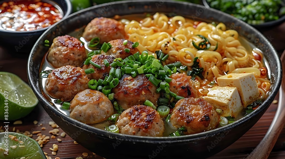 An overhead shot of a traditional bowl of bakso, showcasing meatballs, noodles, and tofu in a flavorful broth, garnished with green onions and a slice of lime. An overhead shot of a traditional bowl of bakso, showcasing meatballs, noodles, and tofu in a flavorful broth, garnished with green onions and a slice of lime.