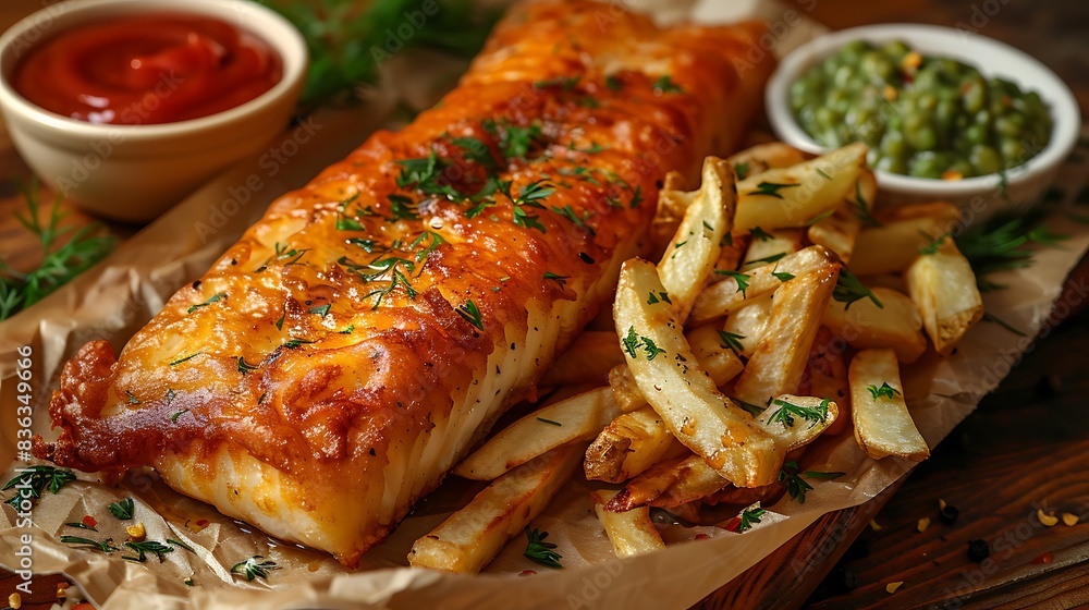 An overhead shot of a traditional fish and chips meal, with a perfectly fried fish fillet and golden chips, accompanied by a small bowl of mushy peas and tartar sauce. An overhead shot of a traditional fish and chips meal, with a perfectly fried fish fillet and golden chips, accompanied by a small bowl of mushy peas and tartar sauce.