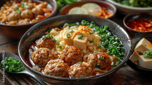An overhead shot of a traditional bowl of bakso, showcasing meatballs, noodles, and tofu in a flavorful broth, garnished with green onions and a slice of lime.