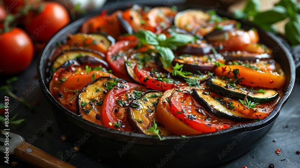 An overhead shot of a traditional ratatouille, showcasing layers of colorful vegetables like tomatoes, zucchini, and eggplant, arranged neatly in a cast-iron skillet. An overhead shot of a traditional ratatouille, showcasing layers of colorful vegetables like tomatoes, zucchini, and eggplant, arranged neatly in a cast-iron skillet.