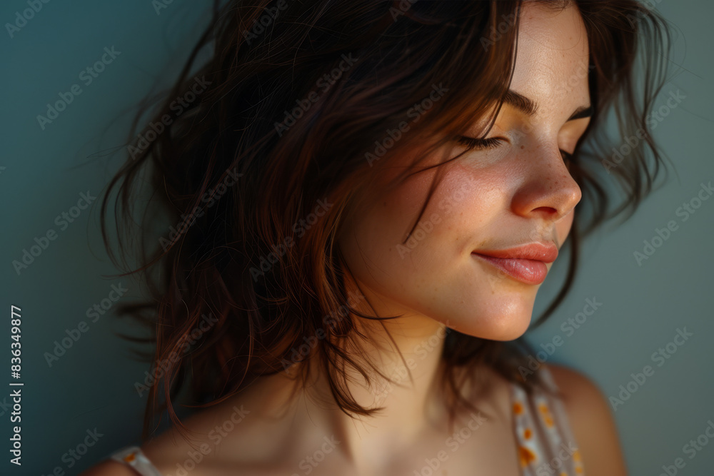 A close up of a woman's face with her eyes closed looking to a side A close up of a woman's face with her eyes closed looking to a side