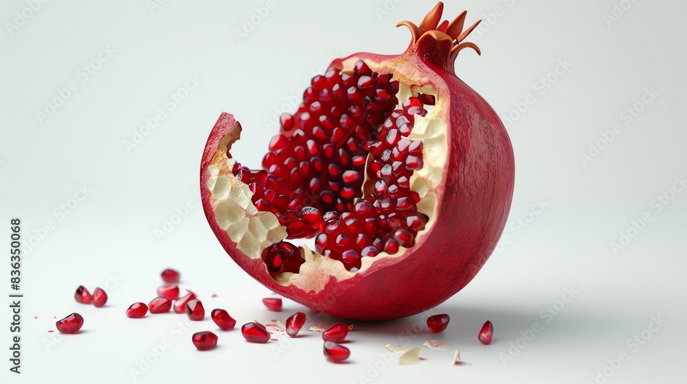 a juicy red pomegranate split open to reveal its seeds on a white background a juicy red pomegranate split open to reveal its seeds on a white background