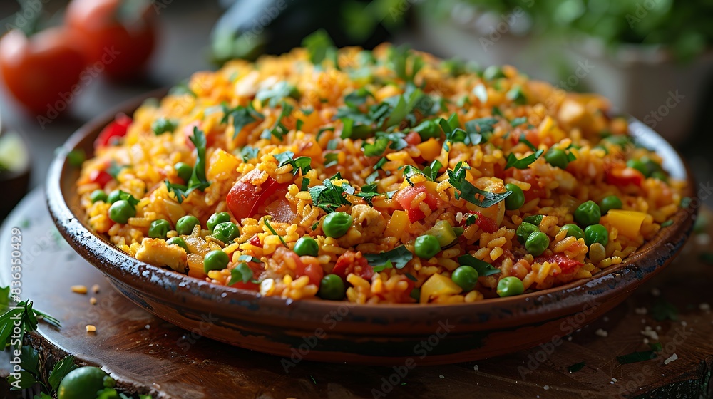 Vegetarian paella filled with a variety of fresh vegetables like bell peppers, peas, and tomatoes, richly seasoned with saffron and herbs.