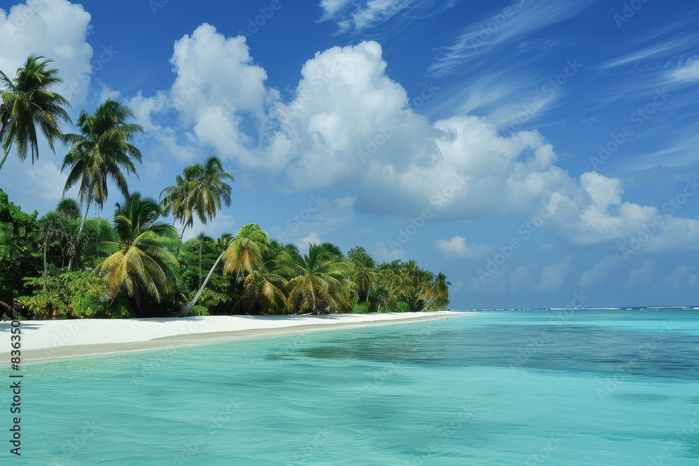 Serene Tropical Beach Paradise with Palm Trees and Crystal Blue Waters for Relaxing Vacation. Serene Tropical Beach Paradise with Palm Trees and Crystal Blue Waters for Relaxing Vacation.