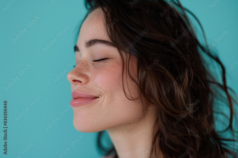 A close up of a woman's face with her eyes closed looking to a side A close up of a woman's face with her eyes closed looking to a side