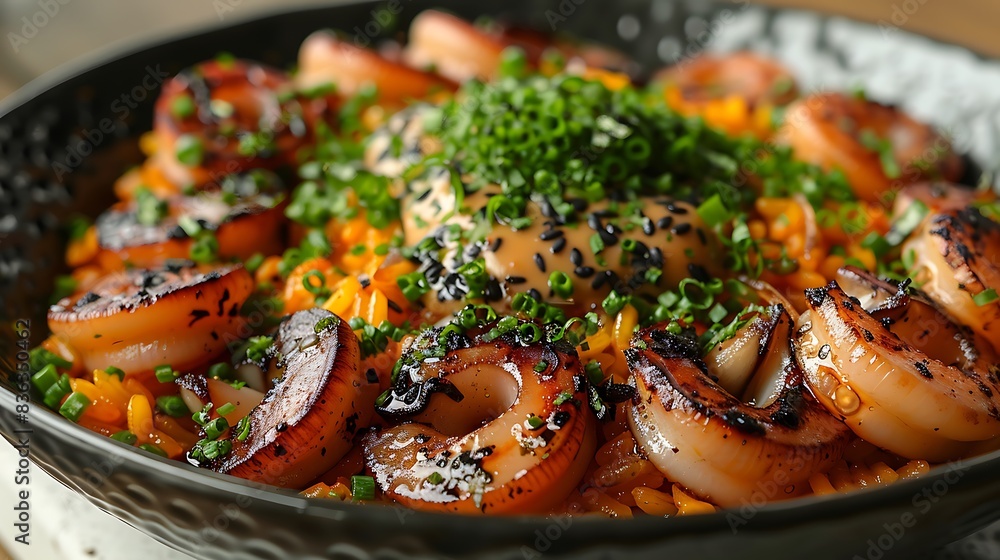 Zoomed-in shot of a squid ink paella, featuring black rice, squid, and aioli garnish. Zoomed-in shot of a squid ink paella, featuring black rice, squid, and aioli garnish.