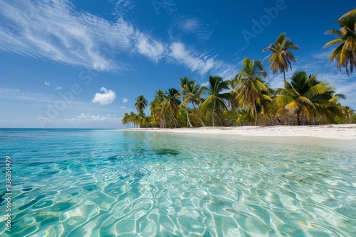 Serene Tropical Paradise with Palm Trees  Clear Blue Waters  and White Sandy Beach for Relaxing Vacation Getaway - Copyspace.