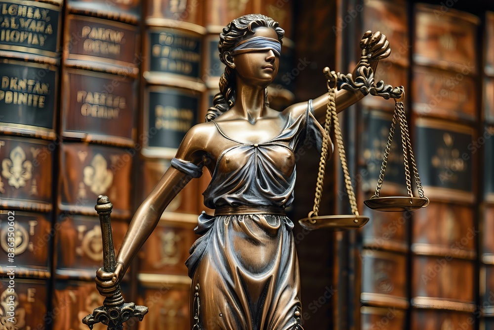Lady justice with scales by bookcase Lady justice with scales by bookcase