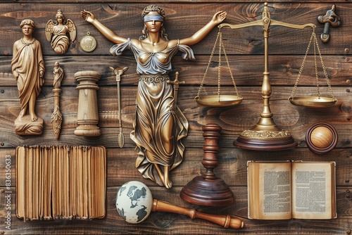 Statue of lady justice and legal items photo