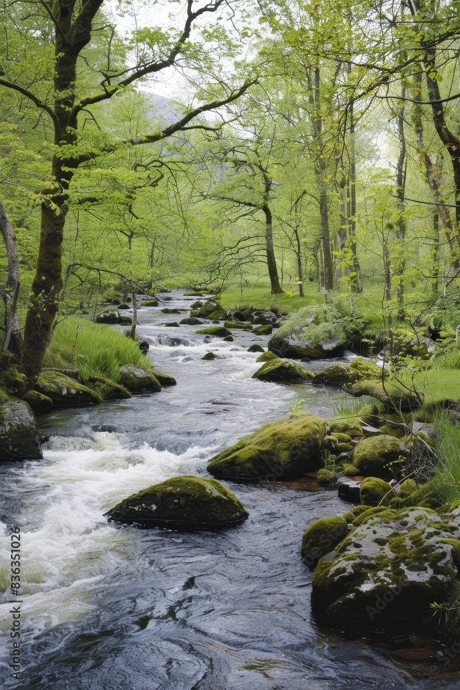 Serene River in Lush Green Forest with Moss-Covered Trees and Copyspace. Serene River in Lush Green Forest with Moss-Covered Trees and Copyspace.