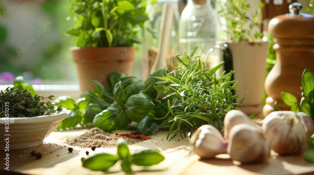 Fresh Herbs and Spices Composition on Kitchen Counter with Copy Space for Recipes Fresh Herbs and Spices Composition on Kitchen Counter with Copy Space for Recipes