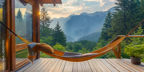 A comfortable and cozy hammock with a pillow on the porch of a modern glamping, outdoor recreation with all amenities. Taking care of nature and ecology.