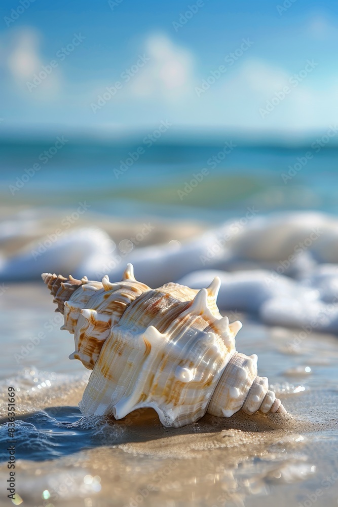 Serene Seashell on Sandy Beach with Gentle Waves - Tranquil Coastal Scene with Copy Space for Text or Logo Serene Seashell on Sandy Beach with Gentle Waves - Tranquil Coastal Scene with Copy Space for Text or Logo
