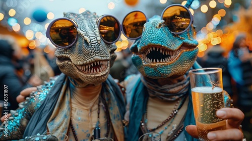 Two individuals in blue dinosaur costumes enjoy a celebration holding champagne glasses