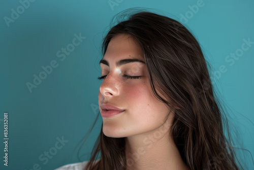 A close up of a woman's face with her eyes closed looking to a side