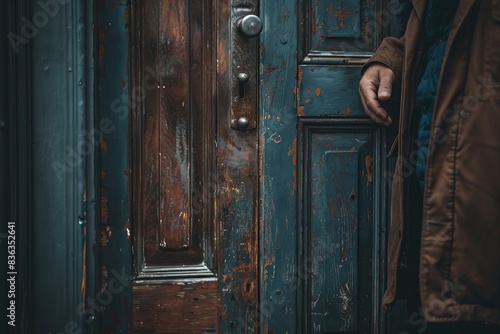 Person holding door handle in front of wooden door