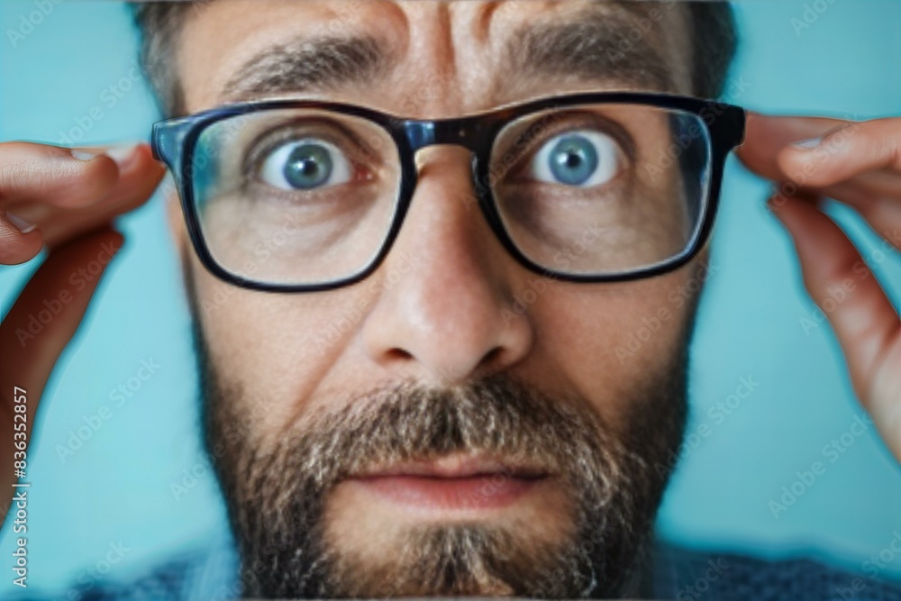 Man with glasses and beard holding head Man with glasses and beard holding head