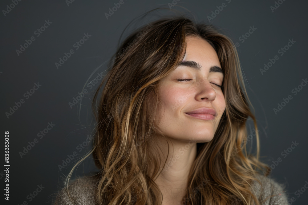 Fototapeta premium A close up of a woman's face with her eyes closed looking to a side