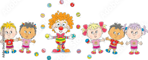 Funny red curly-headed circus clown juggling with toy balls in a fun performance for happy little children, vector cartoon illustration on a white background