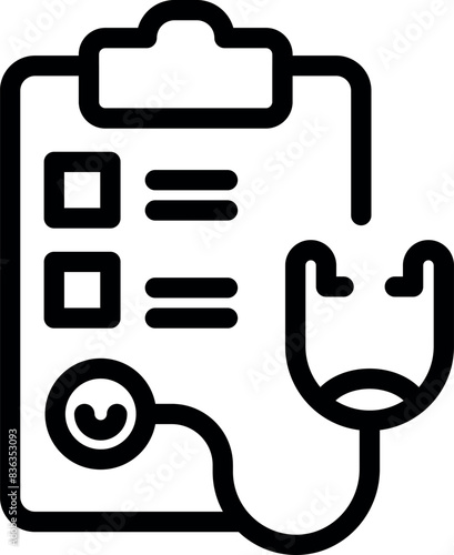 Medical clipboard icon with stethoscope. Healthcare. And documentation line art symbol for medicine. Clinical