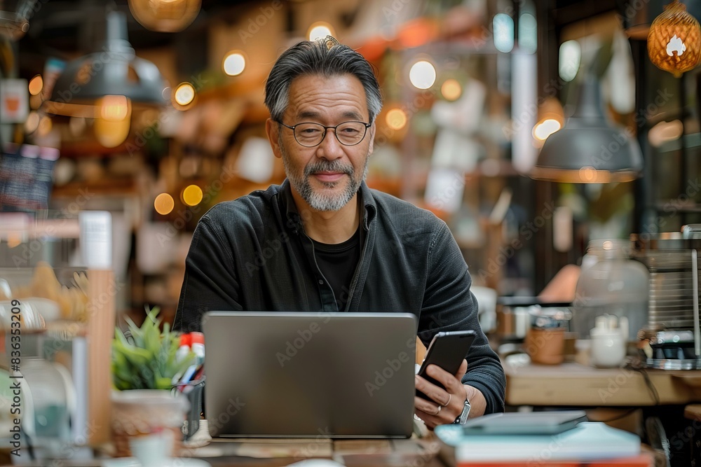 Man sitting at table with laptop and cell phone Man sitting at table with laptop and cell phone
