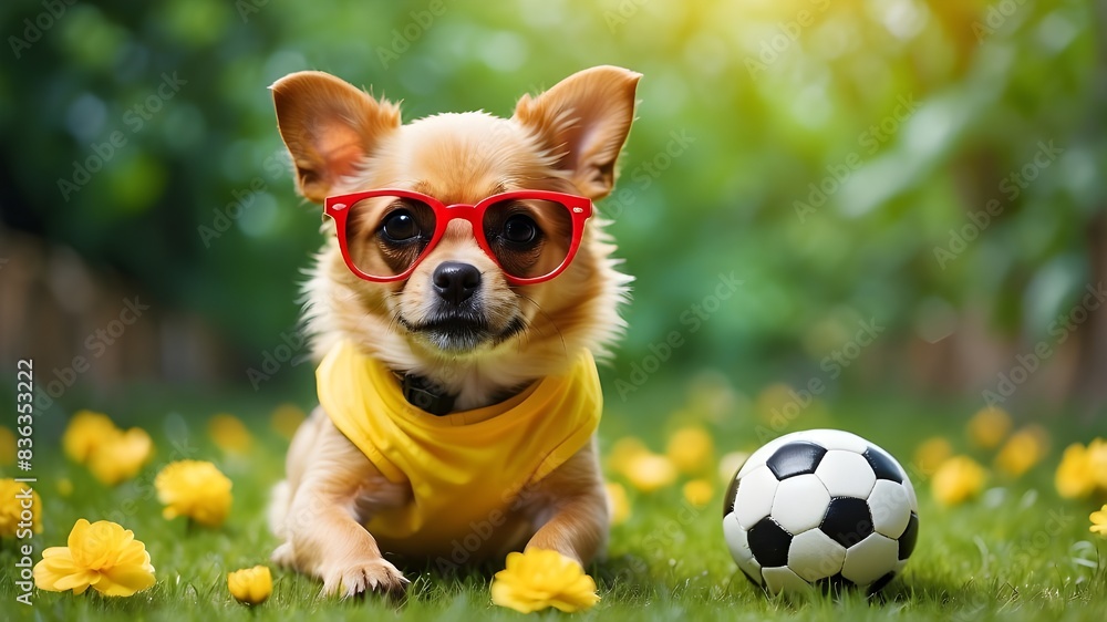 cute dog or puppy playing with a ball ,Wearing a red lumberjack shirt against a green background of nature, cute dog is playing football in the ground while sporting a yellow jersey.
cute dog or puppy playing with a ball ,Wearing a red lumberjack shirt against a green background of nature, cute dog is playing football in the ground while sporting a yellow jersey.