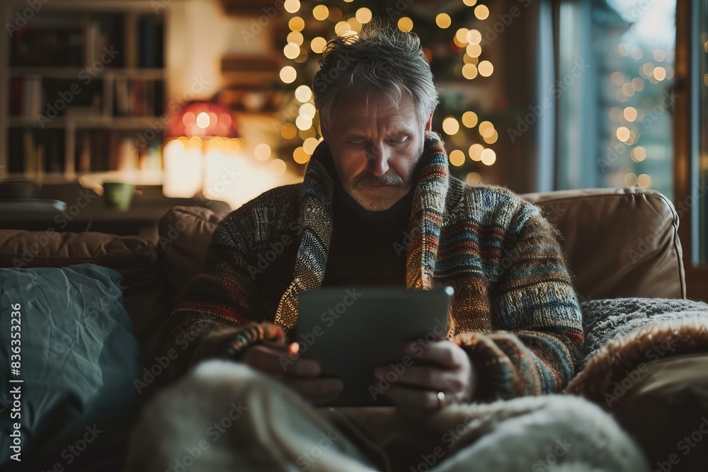 Man sitting on a couch using a tablet computer Man sitting on a couch using a tablet computer