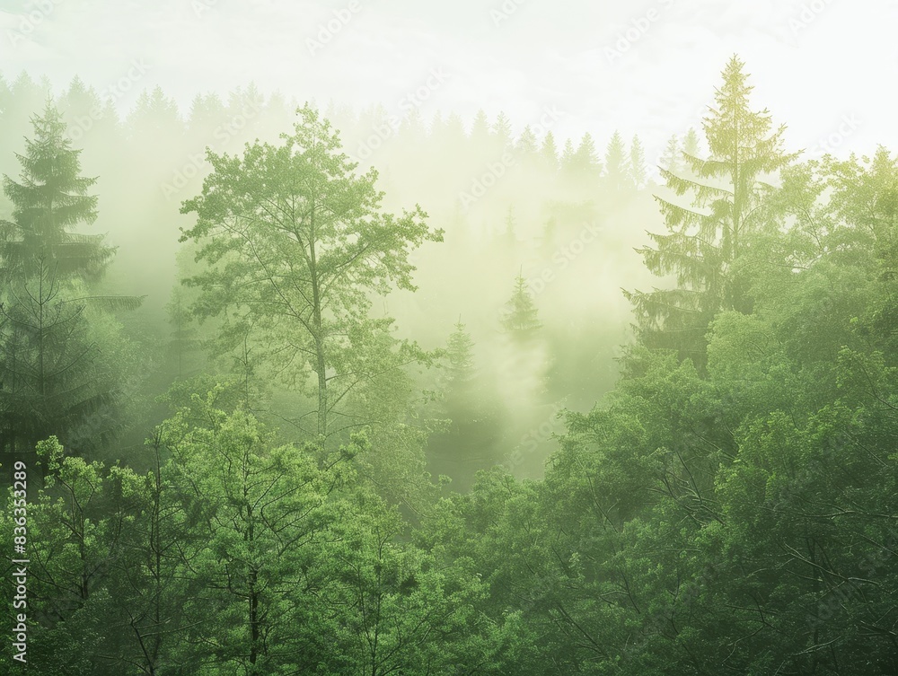 Fototapeta premium Serene Misty Morning in Enchanted Forest with Copyspace; Mystical Nature Landscape with Fog Covered Trees for Tranquil Background