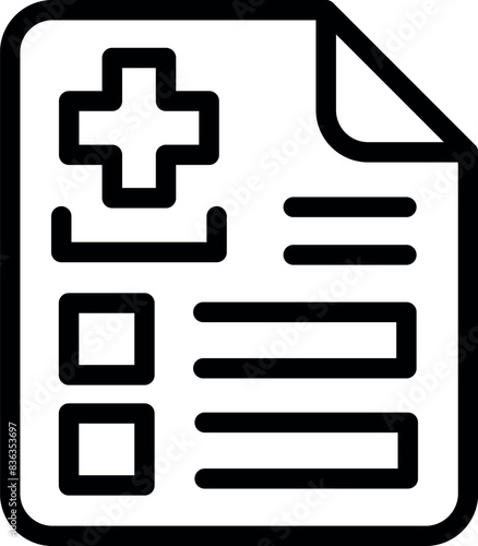 Vector illustration of a medical document icon in black line art, depicting healthcare administration and patient information management in electronic applications, medicine, and diagnostic services