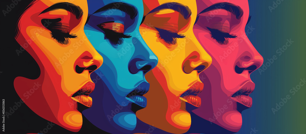 Woman faces concept poster. Beautiful girl faces creative abstract banner. Mid-century modern graphic design style. Raster bitmap digital illustration. AI artwork. Woman faces concept poster. Beautiful girl faces creative abstract banner. Mid-century modern graphic design style. Raster bitmap digital illustration. AI artwork.